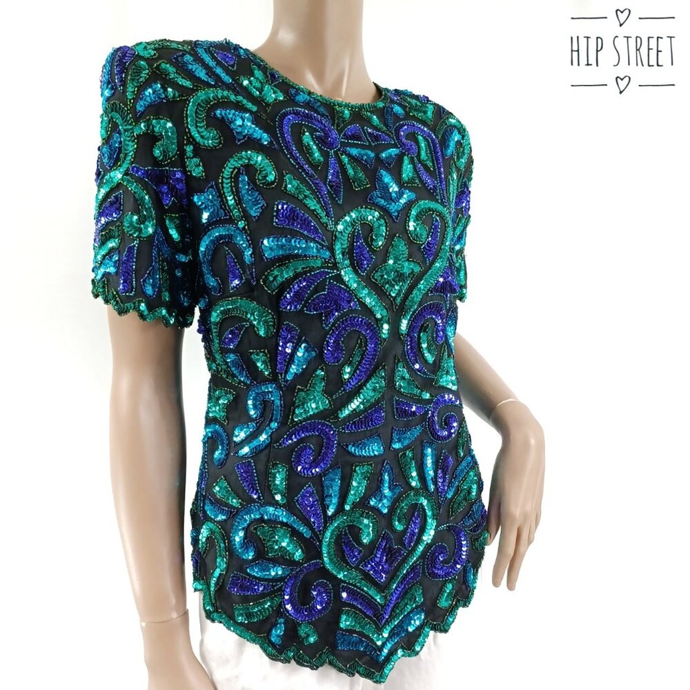 STENAY Vintage Short Sleeve Green & Purple Sequin on Silk Party Blouse 1X NOS